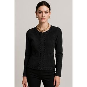 Willi Smith Black Suede Trim Zip Front Knit Jacket Cardigan Women’s Size S